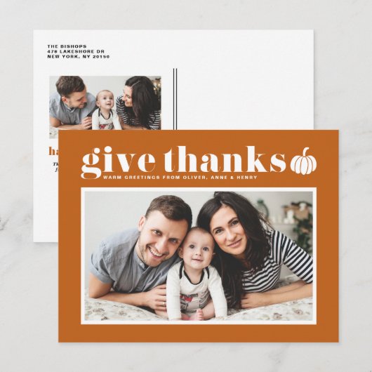 Oranje Geef Bedankt Foto Happy Thanksgiving Feestdagenkaart (Voorkant / Achterkant)