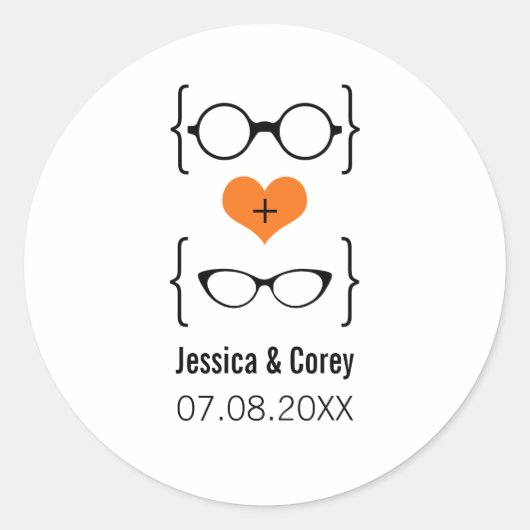 Oranje Geeky Glasses Wedding Stickers (Voorkant)