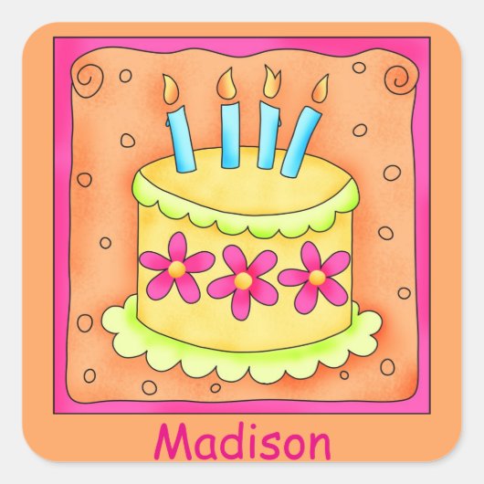 Oranje Geel 4e Birthday Cake Name Personaliseren Vierkante Sticker (Voorkant)