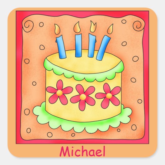 Oranje Geel 4e Birthday Cake Name Persoonlijk Vierkante Sticker (Voorkant)