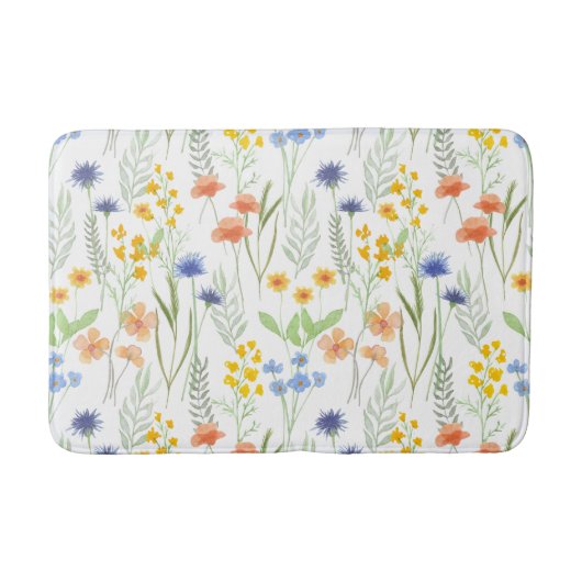 Oranje Geel Blauw Aquarel Wilde Bloem Badmat (Voorkant)
