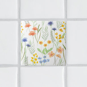 Oranje Geel Blauw Aquarel Wilde Bloem Tegeltje