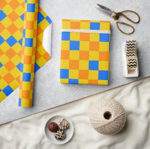 Oranje Geel Blauw Geruit Patroonontwerp Cadeaupapier