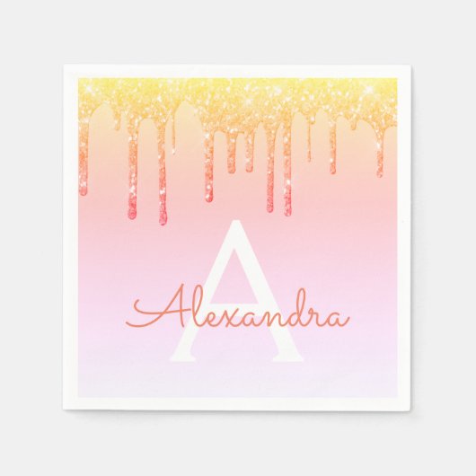 Oranje Geel Bling Sparkle Glitter Monogram Servet (Voorkant)