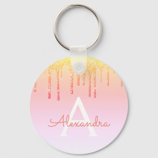 Oranje Geel Bling Sparkle Glitter Monogram Sleutelhanger (Voorkant)