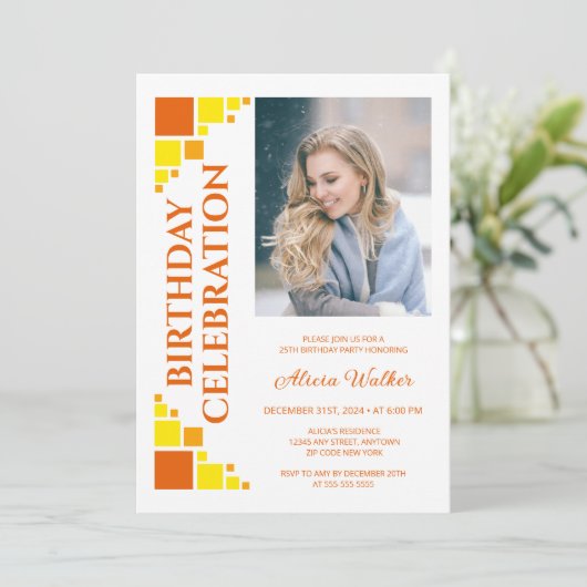 Oranje Geel Digitaal Lijst Hoekfoto Verjaardag Kaart (Staand voorkant)