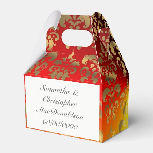 Oranje geel en gouden damast bruiloft bedankdoosjes (Achterkant)