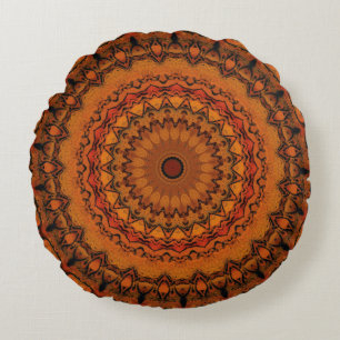 Oranje, geel en zwart Mandala Rond Kussen