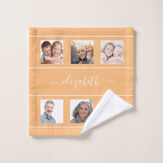 Oranje geel fotocollage, naamscript bad handdoek (Wasdoekje)