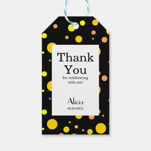 Oranje geel goud polka dot zwart dank u cadeaulabel (Voorkant)
