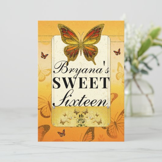Oranje geel & gouden vlinder lief 16 feest kaart (Staand voorkant)