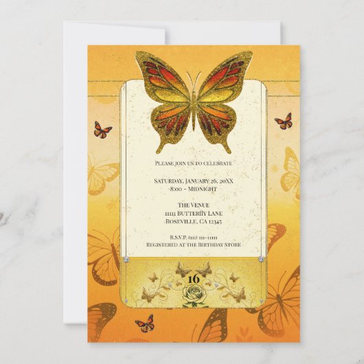 Oranje geel & gouden vlinder lief 16 feest kaart (Achterkant)