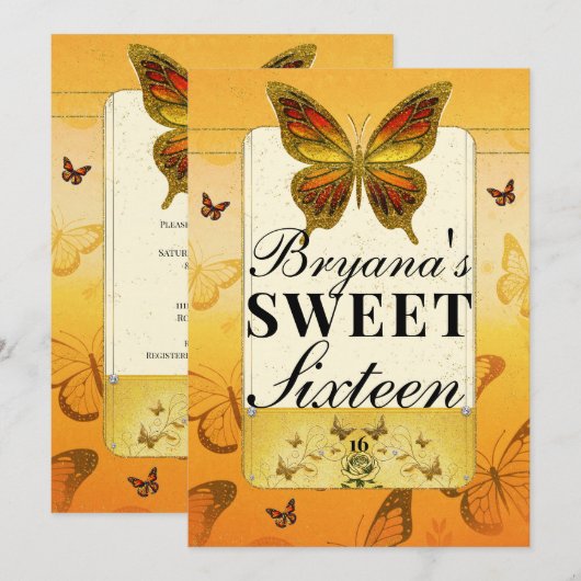 Oranje geel & gouden vlinder lief 16 feest kaart (Voorkant / Achterkant)