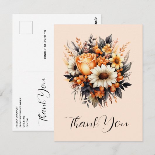 Oranje geel grijs bloemboeket dank u briefkaart (Voorkant / Achterkant)