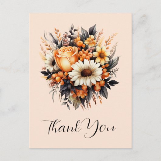 Oranje geel grijs bloemboeket dank u briefkaart (Voorkant)