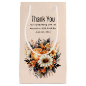 Oranje geel grijs bloemboeket dank u klein cadeauzakje (Voorkant)