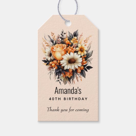 Oranje geel grijs bloemenboeket feestje dank u cadeaulabel (Voorkant)