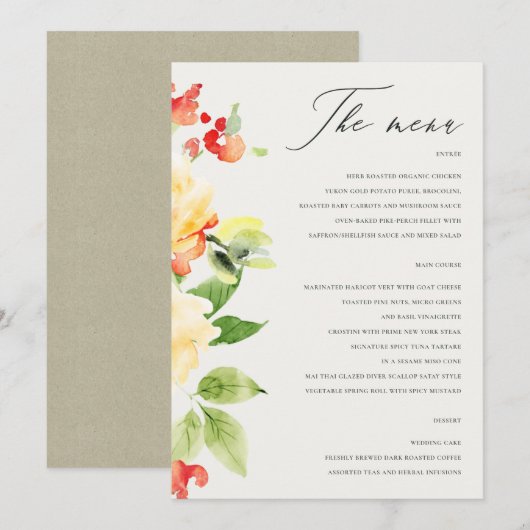 ORANJE GEEL ROSE ROSE WATERVERF FLORAAL MENU (Voorkant / Achterkant)