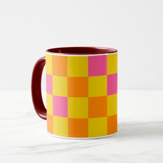 Oranje Geel Roze Geruite Patroon Ontwerp Mok (Voorkant links)