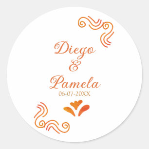 oranje geel rustieke Spaanse bruidspaar naam Ronde Sticker