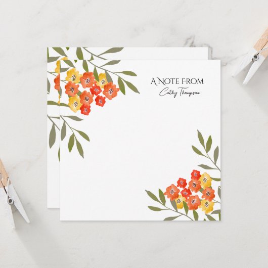 Oranje Geel Rustische Waterverf Floral Note Kaart (Voorkant / Achterkant in situ)