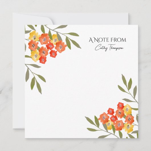 Oranje Geel Rustische Waterverf Floral Note Kaart (Voorkant)