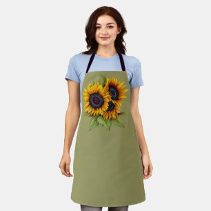 Oranje geel waterverf grote zonnebloemen groen schort