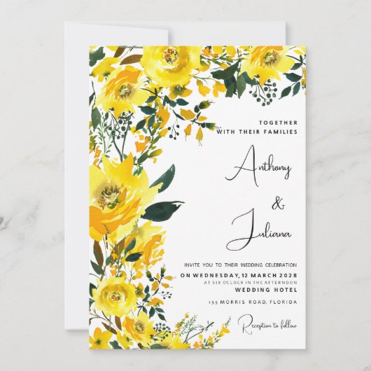 Oranje geel zomer botanische bloemen bruiloft kaart (Voorkant)