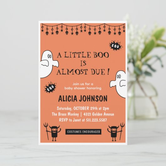 Oranje Geesten Little Boo Halloween baby shower Kaart (Staand voorkant)
