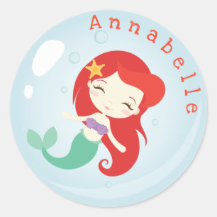 Oranje geharreld zeemeermin-belletje personalisere ronde sticker