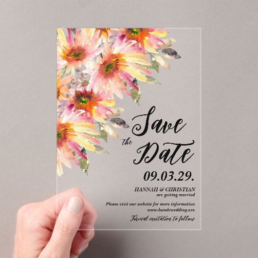 Oranje Gele Bloemen Bewaar de datum Acryl Uitnodigingen (Insitu (Draagbaar))