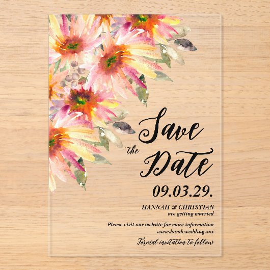 Oranje Gele Bloemen Bewaar de datum Acryl Uitnodigingen (Voorkant)