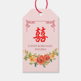 Oranje gele bloemen Chinees lijst bruiloft Cadeaulabel