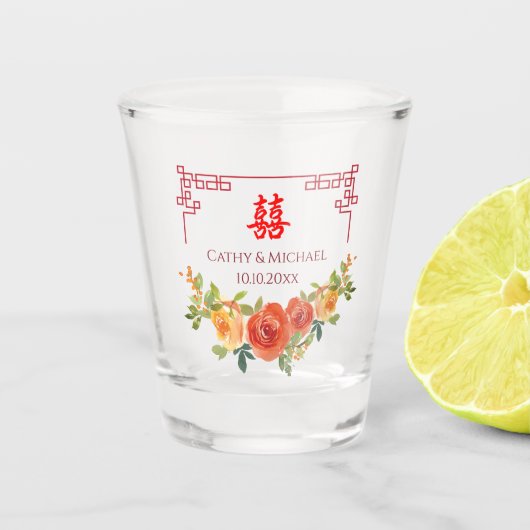 Oranje gele bloemen Chinees lijst bruiloft Shot Glas (Voorkant)