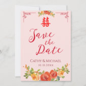 Oranje gele bloemen Chinese bruiloft dubbelxi Save The Date (Voorkant)