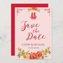 Oranje gele bloemen Chinese bruiloft dubbelxi Save The Date