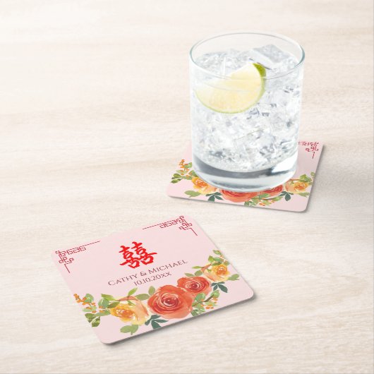 Oranje gele bloemen Chinese bruiloft Kartonnen Onderzetters (Insitu)