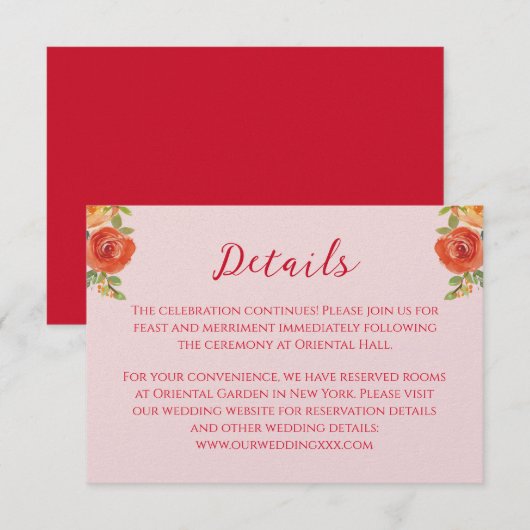 Oranje gele bloemen Chinese trouwgegevens Informatiekaartje (Voorkant / Achterkant)