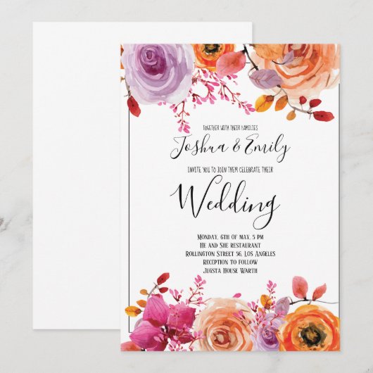 Oranje Gele Bloemige Herfst Bruiloft Kaart (Voorkant / Achterkant)