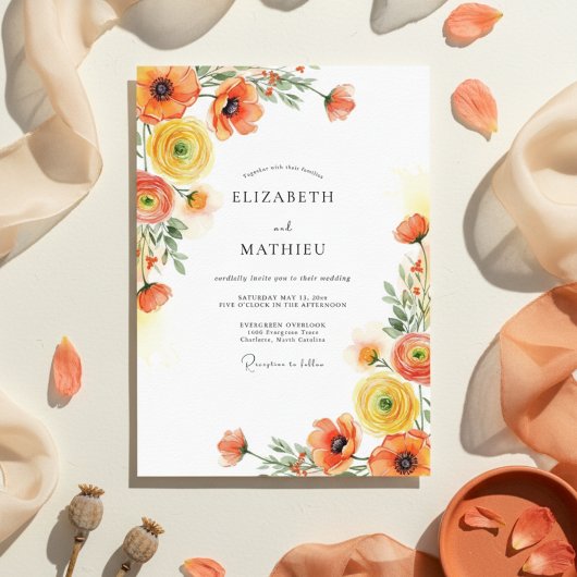 Oranje Gele Botanische Romantische Bruiloft Kaart