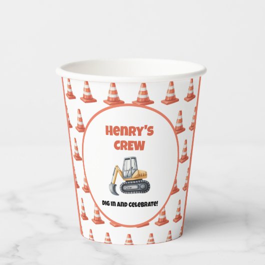 Oranje Gele Bouw Kegelgraver Naam Papieren Bekers (Voorkant)