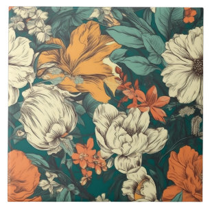 Oranje, gele en groene  bloem tegeltje