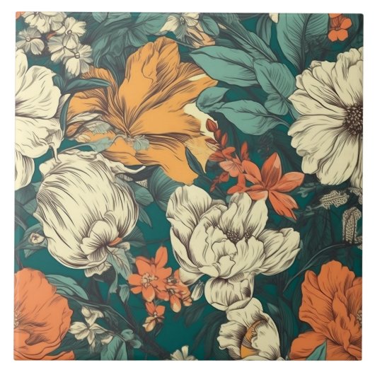 Oranje, gele en groene  bloem tegeltje (Voorkant)