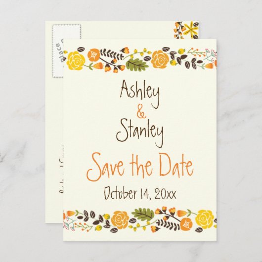 Oranje, gele grensbruiloft Bespaar de Datum Aankondigingskaart (Voorkant / Achterkant)