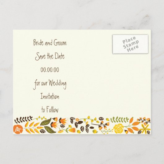Oranje, gele grensbruiloft Bespaar de Datum Aankondigingskaart (Achterkant)