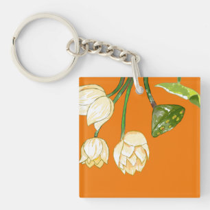 Oranje gele Lotus Flowers & Lotus Seedpod Keycha Sleutelhanger