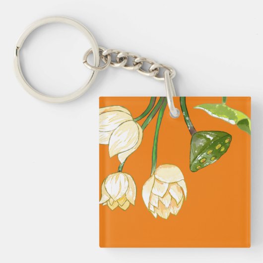 Oranje gele Lotus Flowers & Lotus Seedpod Keycha Sleutelhanger (voorkant)