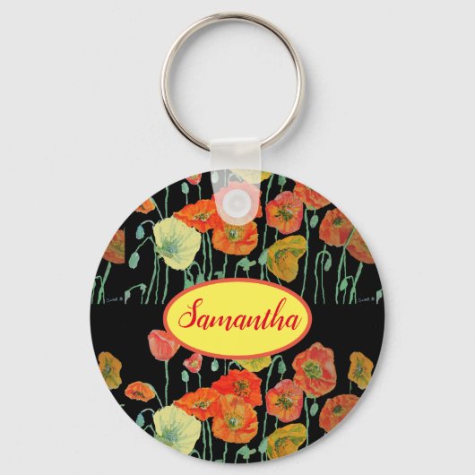 Oranje gele makreel Floral Aqua Poppy Girls Name Sleutelhanger (Voorkant)