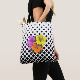 Oranje gele roze bloemen op zwart wit tote bag