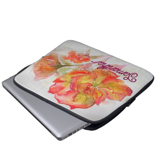Oranje Gele Roze Waterverf Schilderij Bloemen Laptop Sleeve (Voorkant onderkant)
